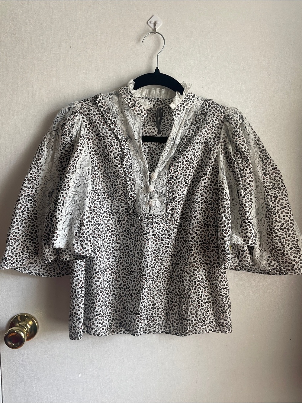 Anthropologie Black and White Floral Lace-Trim Puff Sleeve Blouse